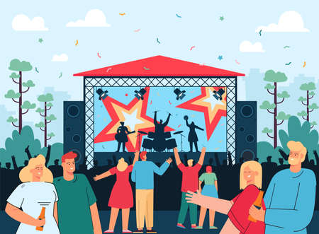 Friends on open air rock music concert flat vector illustration. Couples drinking beer, having fun in park on weekends, spending time together and dancing. Festival, party conceptのイラスト素材