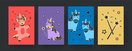 Set of contemporary art posters with cute cartoon unicorns. Vector illustration. .Collection of...