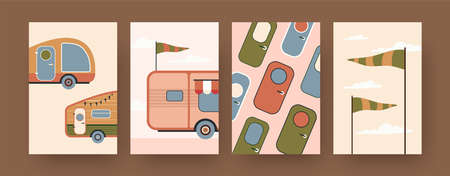 Collection of contemporary art posters with camping caravans. Campervan doors, flags cartoon vector illustrations. Traveling, vacation concept for designs, social media, postcards, invitation cardsのイラスト素材