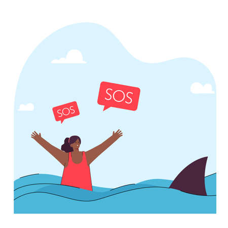 Shark attacking girl in sea flat vector illustration. Female person raising hands, asking for help. SOS, marine animal, danger, ocean concept for banner, website design or landing web pageのイラスト素材