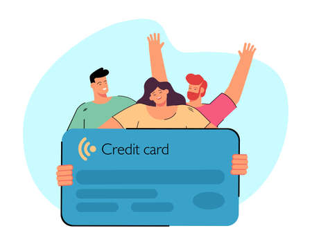 Tiny female and male people holding credit card. Students happy with new technology flat vector illustration. Payment, money, finance concept for banner, website design or landing web pageのイラスト素材