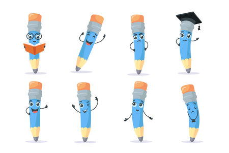 Funny pencil character vector illustrations set. Cute comic crayon with face as scholar or student, reading book, showing different emotions isolated on white background. School, education conceptのイラスト素材