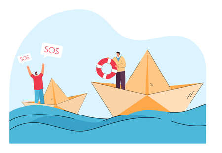 Tiny man on paper ship at sea asking friend for help. Male person with lifebuoy trying to help flat vector illustration. SOS, trouble concept for banner, website design or landing web pageのイラスト素材