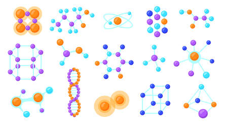 Connections of molecular particles illustrations set. Different molecule construction models of various shapes isolated on white background. Biology, microbiology, chemistry conceptのイラスト素材
