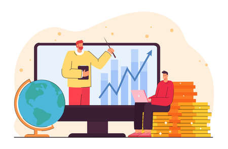 Man watching video about financial literacy during lockdown. Male person sitting on gold coins flat vector illustration. Teacher on laptop screen. Education, money, finance conceptのイラスト素材