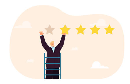 Man standing on stairs and giving four star rating. Cartoon character evaluating service flat vector illustration. Feedback, review concept for banner, website design or landing web pageのイラスト素材