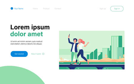 Young couple taking selfie on bridge with cityscape. Tourist, smartphone, sea flat vector illustration. Vacation and travel concept for banner, website design or landing web pageのイラスト素材