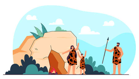 Prehistoric family standing near cave flat vector illustration. Mother and kid in leopard hides greeting father. Caveman with spear after hunting. Ancient, stone age conceptのイラスト素材