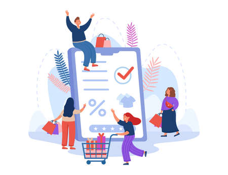Group of customers shopping in online store and huge tablet. Sale at internet shop, buyer with purchases in cart flat vector illustration. Online shopping, retail concept for banner, website designのイラスト素材