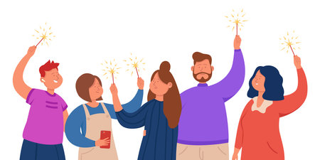 Group of happy friends standing with sparklers in hands. Office team celebrating success together flat vector illustration. Corporate party, company, meeting, firework conceptのイラスト素材