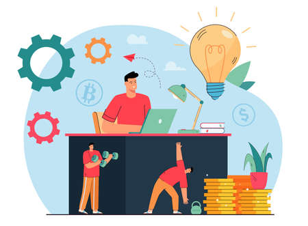 Businessman working at office table and exercising. Man doing exercises and making money flat vector illustration. Healthy lifestyle, work, sports concept for banner, website design or landing pageのイラスト素材