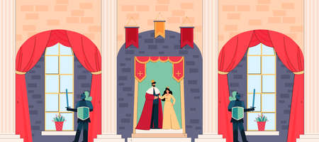 Cartoon king and queen inside medieval castle. Knights or guards protecting royals, palace interior flat vector illustration. Monarchy, fairytale concept for banner, website design or landing pageのイラスト素材