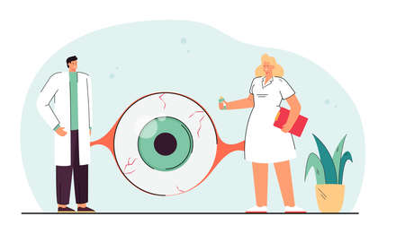 Ophthalmologists examining giant eye of patient. Medical professional diagnosing human visual organ flat vector illustration. Medicine, healthcare, optometry concept for banner, website designのイラスト素材