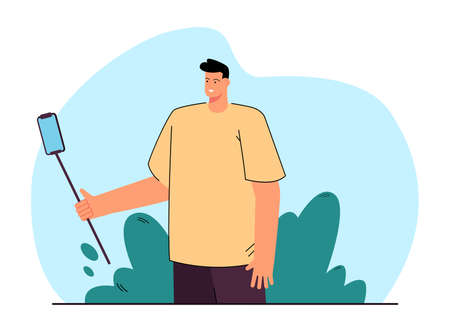 Male cartoon character holding phone on selfie stick. Man taking photo of himself flat vector illustration. Technology, selfie, social media concept for banner, website design or landing web pageのイラスト素材