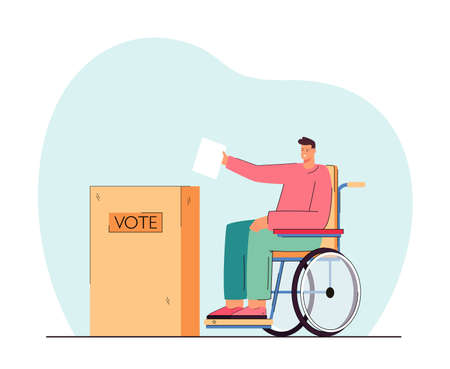 Disabled person on wheelchair putting voting paper in ballot box. Handicapped man at polling station flat vector illustration. Election, accessibility, government concept for banner, website designのイラスト素材