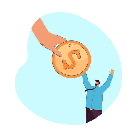 Huge hand giving gold coin to tiny man. Flat vector illustration. Employee receiving salary or cash reward from superior boss, winning cash prize. Money, finance, power, economics, business conceptのイラスト素材