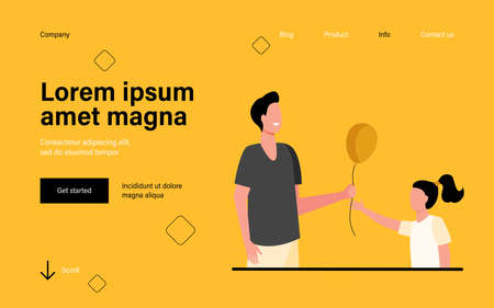 Cheerful man giving air balloon to little girl. Child, father, gift flat illustration. Fatherhood and childhood concept for banner, website design or landing web pageのイラスト素材