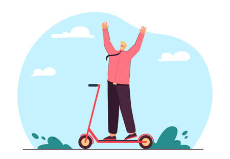 Happy man on scooter flat vector illustration. Man in suit enjoying life, riding scooter, moving around city quickly and with pleasure. Transport, electric scooter, hobby, modern technologies conceptのイラスト素材