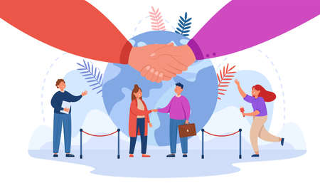 Tiny cartoon man and woman shaking hands. Flat vector illustration. Representatives of embassies meeting to find solution to international economic crisis. Diplomacy, democracy, peace conceptのイラスト素材