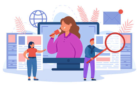 Tiny cartoon journalists reporting from scene. Flat vector illustration. Man, women with mic, magnifying glass and giant newspapers. Media, information, communication, Internet, news, press conceptのイラスト素材