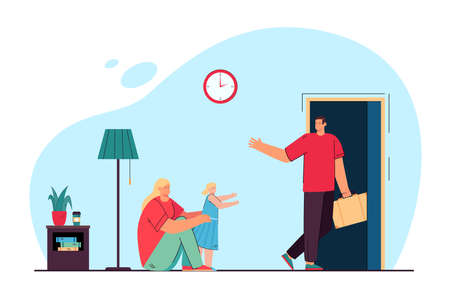 Mom and daughter saying goodbye to husband and father. Flat vector illustration. Woman and little girl sad because of man leaving house with suitcase. Divorce, work, love, family, separation conceptのイラスト素材