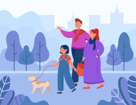 Happy cartoon family walking dog in city park. Flat vector illustration. Mother, father and daughter characters walking pet, enjoying time together outdoors. Family, pet, animal, love, nature conceptのイラスト素材