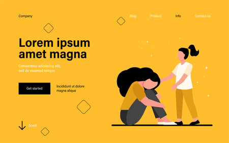 Girl trying to help sad woman. Sadness, child, grief flat vector illustration. Depression and melancholy concept for banner, website design or landing web pageのイラスト素材