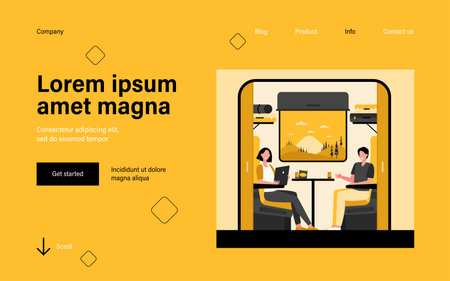 Happy people traveling by train flat vector illustration. Cartoon characters sitting near window during trip or journey. Railway transport and travel conceptのイラスト素材