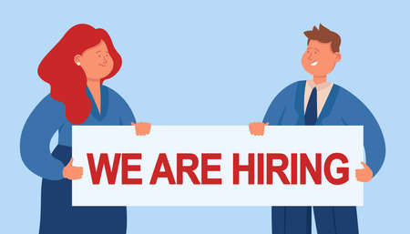 Cartoon man and woman holding banner about hiring. Flat vector illustration. HR managers inviting new workers to interview for getting office job in company. Team, work, business, vacancy conceptのイラスト素材