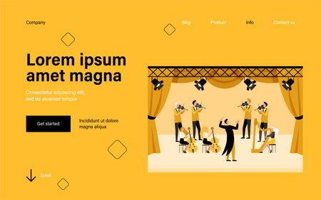 Conductor and musicians standing on theater stage flat vector illustration. Cartoon people playing violin, cello and harp. Symphony orchestra and classical music concert conceptのイラスト素材