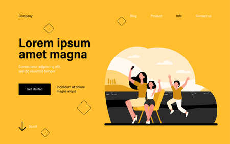 Mom and children taking selfie outdoors. Using smartphone for video call, waving hello flat vector illustration. Motherhood, communication concept for banner, website design or landing web pageのイラスト素材