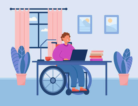 Disabled man in wheelchair working at computer at home. Male invalid in cozy workplace flat vector illustration. Accessibility, remote work concept for banner, website design or landing web pageのイラスト素材