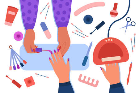 Hands of manicure artist painting nails of customer at table. Nail studio with colorful tools flat vector illustration. Beauty salon or services concept for banner, website design or landing web pageのイラスト素材