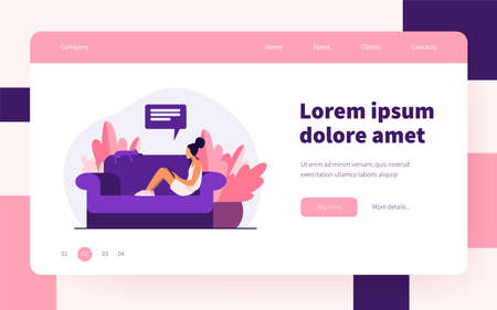 Young woman sitting on sofa with cat and mobile device. Girl, chatting, smartphone flat vector illustration. Home and relaxation concept for banner, website design or landing web pageのイラスト素材