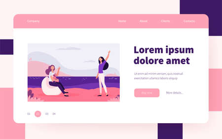 Female friends meeting outdoors and waving hello. Woman holding little dog in arms flat vector illustration. Friendship, pet care concept for banner, website design or landing web pageのイラスト素材