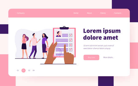 HR professional choosing job candidate. Hands holding personal file, checklist, employee profile. Flat vector illustration. Hiring, recruiting concept for banner, website design or landing web pageのイラスト素材