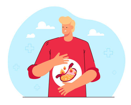 Cartoon man suffering from heartburn. Person with bloating, stomach pain, gastric disease, acid reflux flat vector illustration. Health, gastroenterology, gastritis concept for banner, website designのイラスト素材