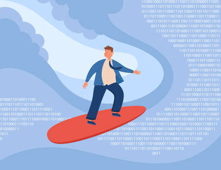 Cartoon businessman surfing on waves of binary numbers. Man exploring digital world full of computer...