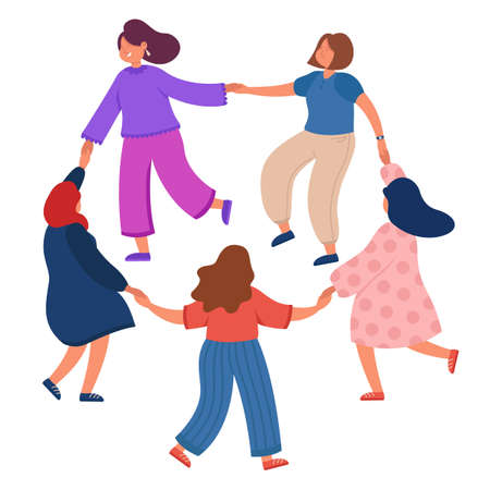 Women leading round dance on white background. Flat vector illustration. Girls with different colors of hair and clothes moving in circle together, holding hands. Dance, femininity, feminism conceptのイラスト素材