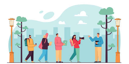 Tourist cartoon characters looking at tour guide on trip. Group of happy men and women sightseeing, girl with camera flat vector illustration. Tourism, traveling, vacation concept for banner, websiteのイラスト素材