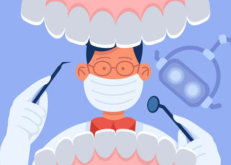 Cartoon dentist in mask examining open mouth of patient. Doctor with instruments looking at healthy white teeth at dental checkup flat vector illustration. Oral hygiene, dentistry concept for bannerのイラスト素材