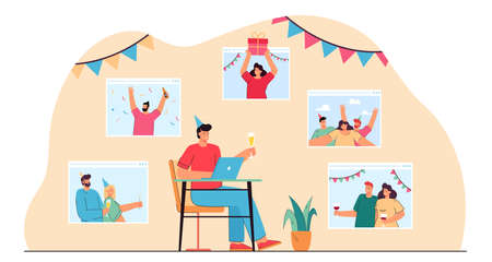 Home celebration via video call flat vector illustration. Man sitting in front of computer with...