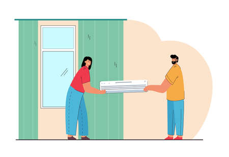 Married couple installing air conditioning system in house. Wife and husband holding air conditioner flat vector illustration. Technology, home appliances concept for website design or landing pageのイラスト素材