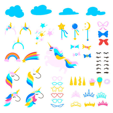 Set of unicorn symbols cartoon vector illustration. Collection of drawings of magic ponies, horns, eyelashes, glasses, stars, rainbows, crowns. Party, animal concept for print, card, sticker designのイラスト素材