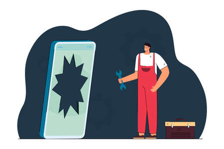 Repairman and broken smartphone flat vector illustration. Tiny man with tools repairing giant cracked smartphone screen. Repair, service, technology concept for banner design or landing pageのイラスト素材