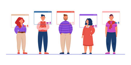 Team of office people on virtual meeting. Men and women in digital windows with audio and camera having online video conference flat vector illustration. Communication, remote work, technology conceptのイラスト素材