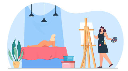 Female artist painting portrait of nude model on canvas. Girl drawing woman with naked body in art class flat vector illustration. Art school, education concept for website design or landing web pageのイラスト素材