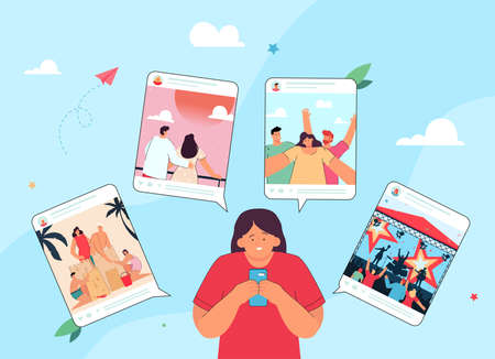 Girl with phone looking at photos on social network. Happy woman liking posts from male and female friends flat vector illustration. Gadget or social media addiction, communication concept for bannerのイラスト素材