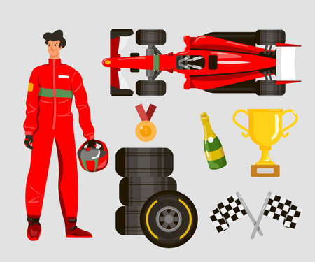 Racer cartoon character vector illustrations set. Race car and driver, man with helmet, gold cup, medal of winner, finish flags, champagne, wheels isolated on white background. Racing, sports conceptのイラスト素材