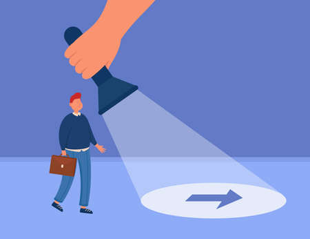 Businessman following arrow sign under light of flashlight. Huge hand guiding business person or detective searching for solution of problem flat vector illustration. Achievement, guidance conceptのイラスト素材